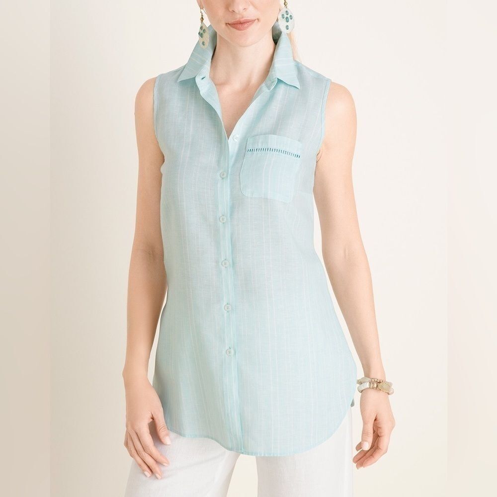 Chicos Striped Linen Button Down L Top Blouseโ